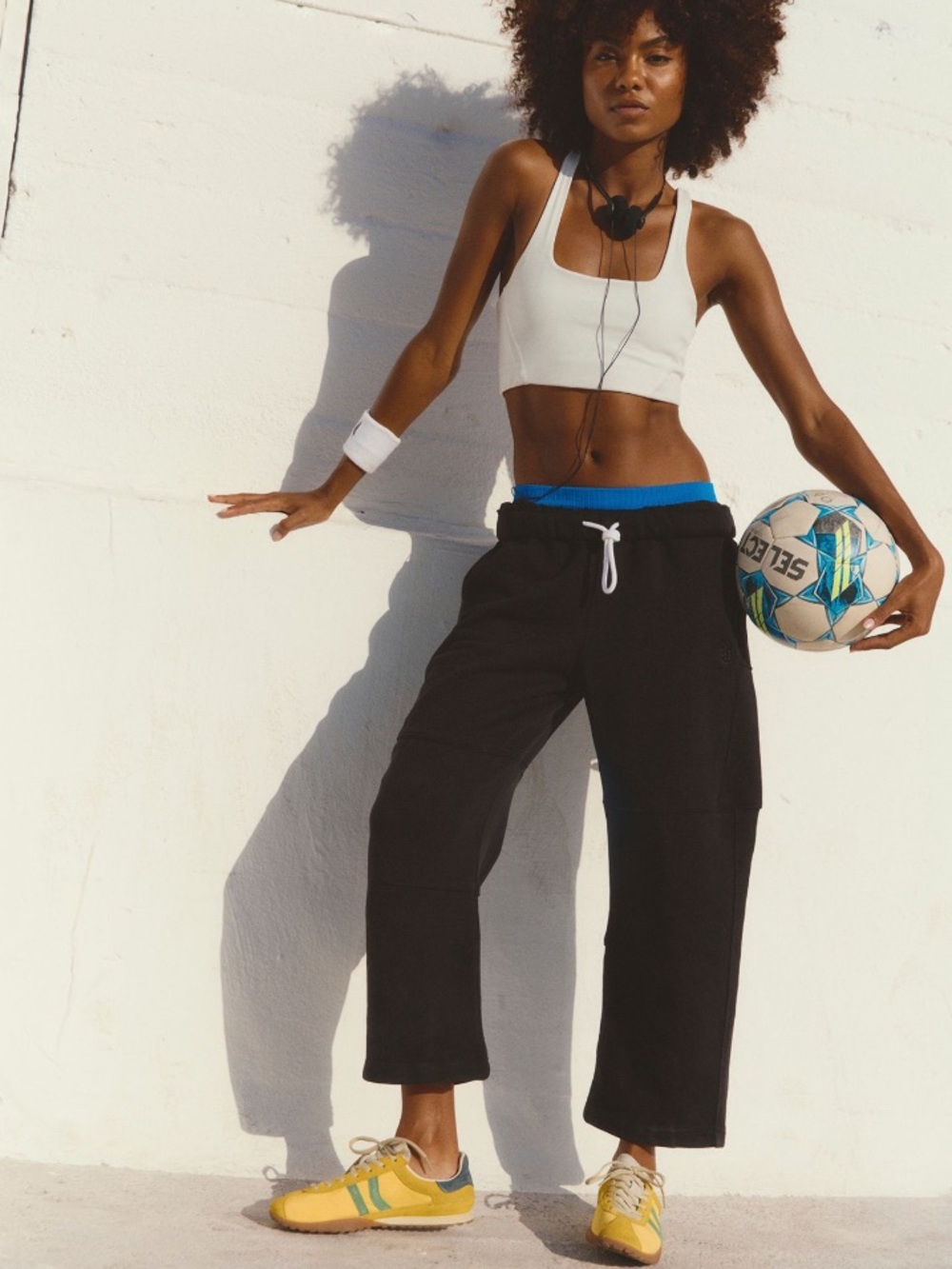 Free People Black Wide-Leg Sweatpants with Blue Waistband